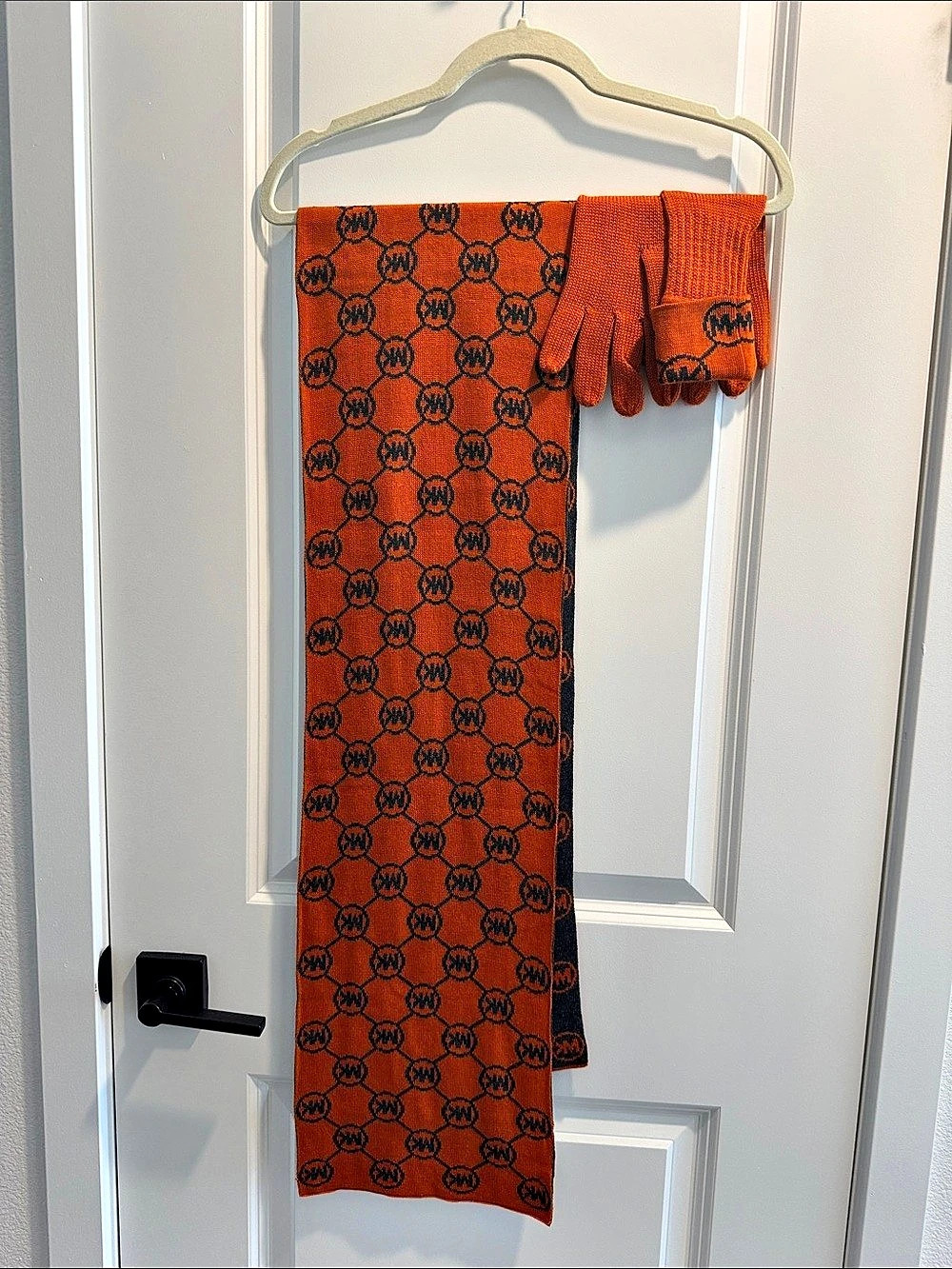 Michael Kors MK Logo Knit Scarf and Gloves Set Orange & Black NEW